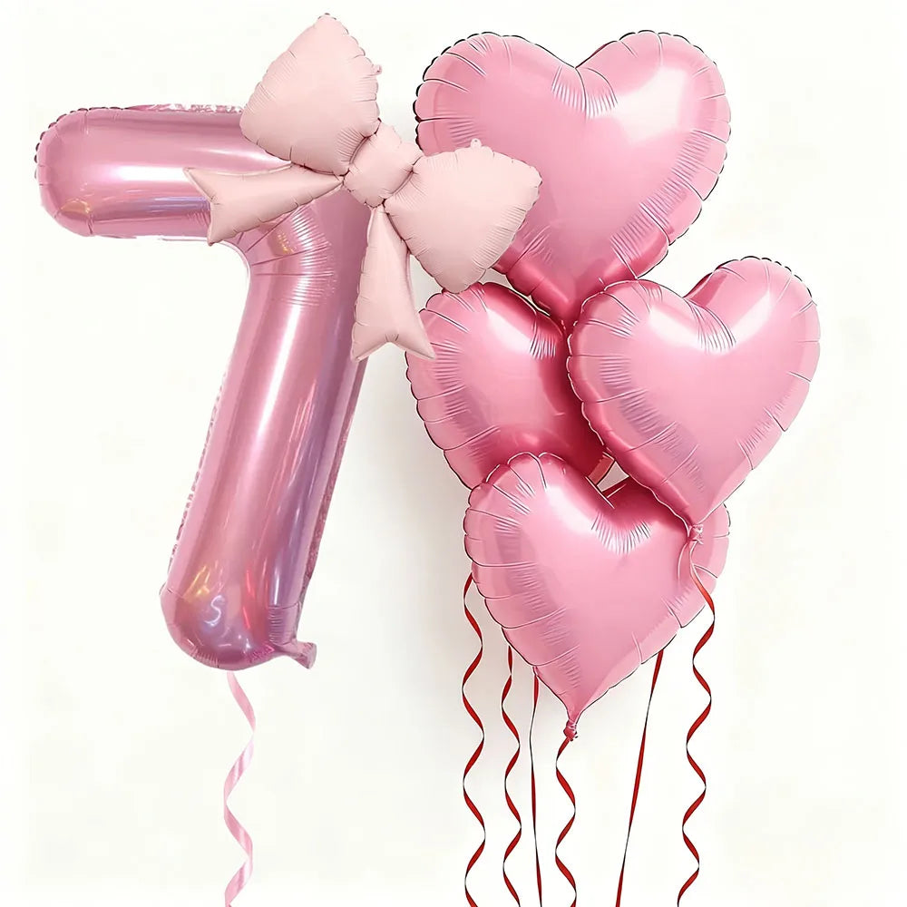 Globo Numérico Rosa con Lazo de Corazón 32" - Decoración para Cumpleaños, Bodas y Aniversarios