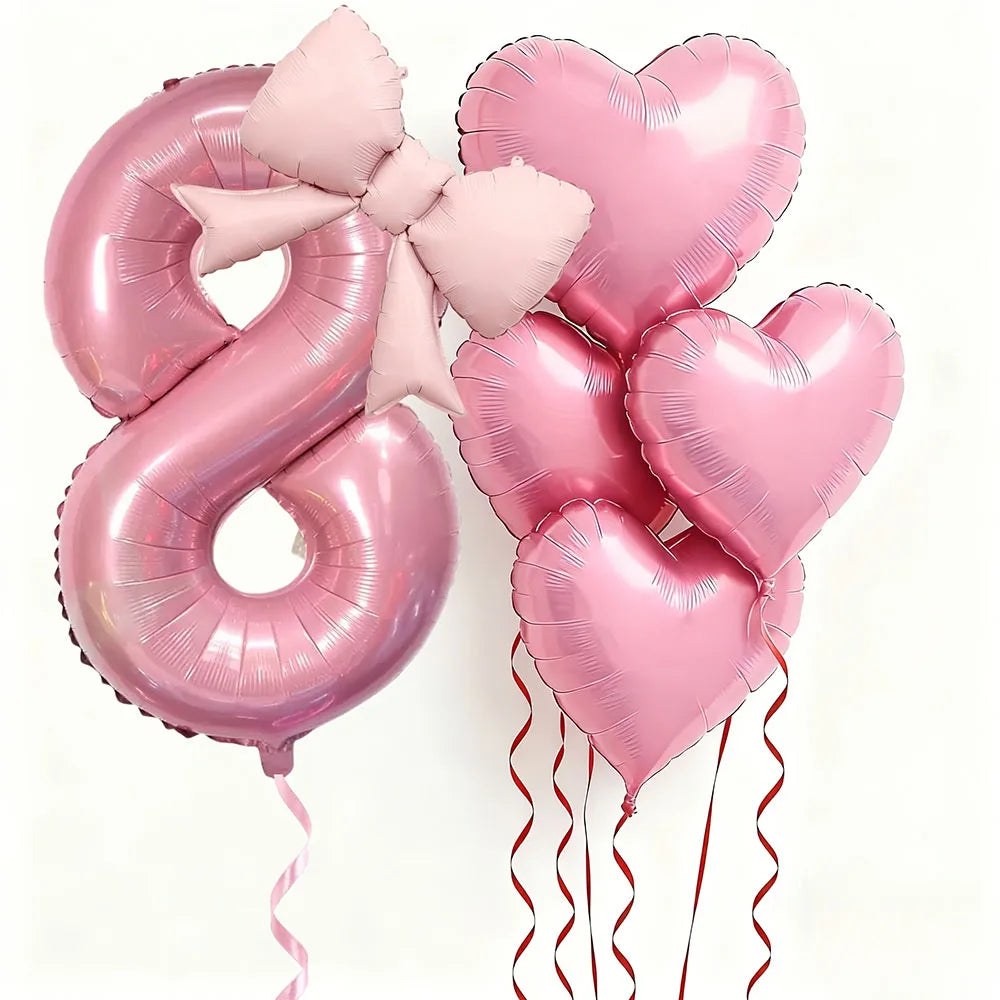 Globo Numérico Rosa con Lazo de Corazón 32" - Decoración para Cumpleaños, Bodas y Aniversarios